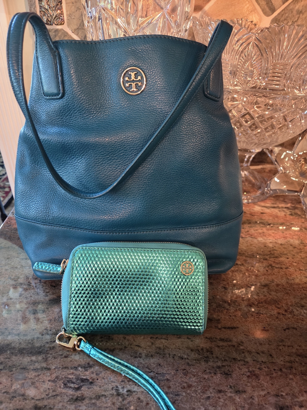 Tory Burch Teal Leather Bag with Teal Metallic Wristlet